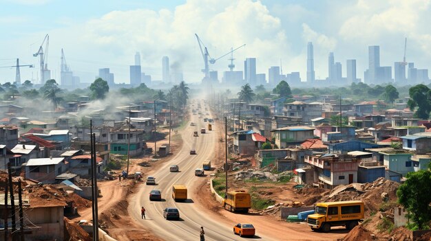 a city with a large building in the background.