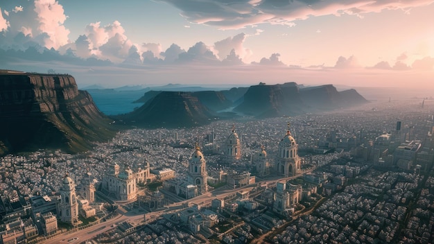 A city with a large building and a mountain in the background