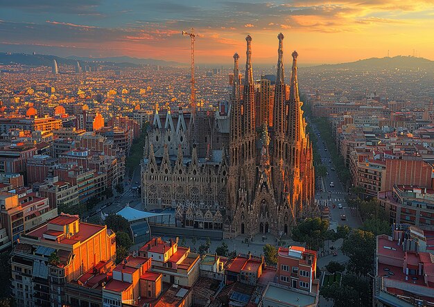 Photo a city with a large cathedral with a sunset in the background