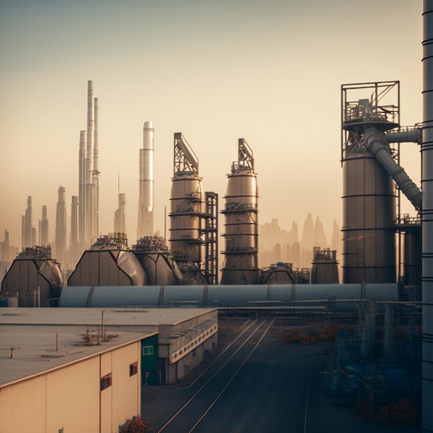 A city with a large factory and a building in the background.