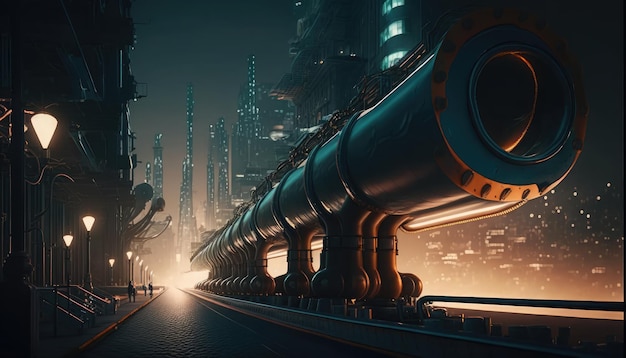 A city with a large pipe that says'the future '