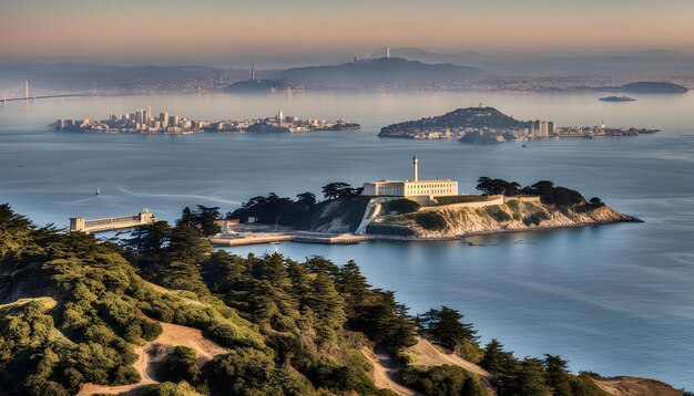 Photo a city with a lighthouse on the top of it