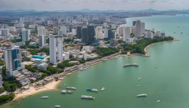 a city with a lot of boats and a city in the background