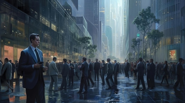 A city with a man in a suit standing in the middle of a busy street.