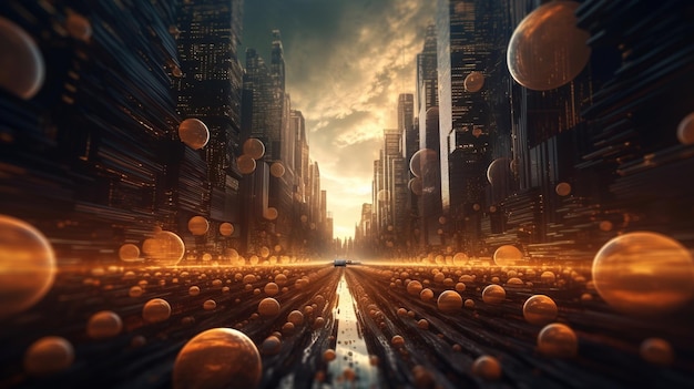 A city with many orange spheres Generative AI Art