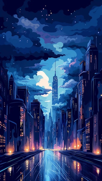 A city with a moon and a city