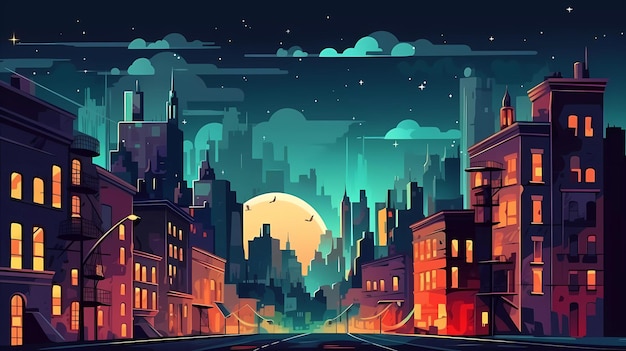 A city with a moon and a cityscape.