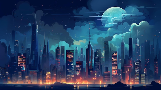 A city with a moon and the moon