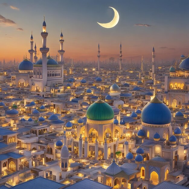 Photo a city with a moon and a mosque in the background