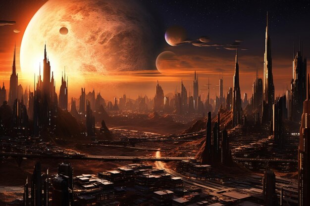 A city with a moon and planets in the background