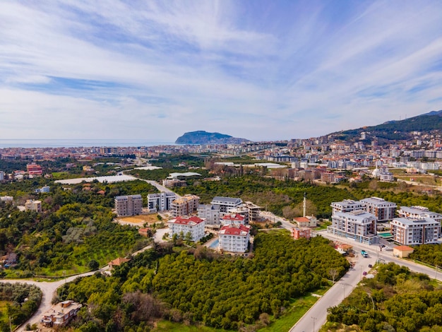 A city with a mountain in the background