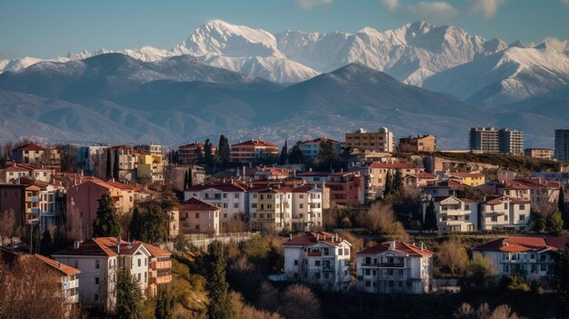 A city with a mountain range in the background