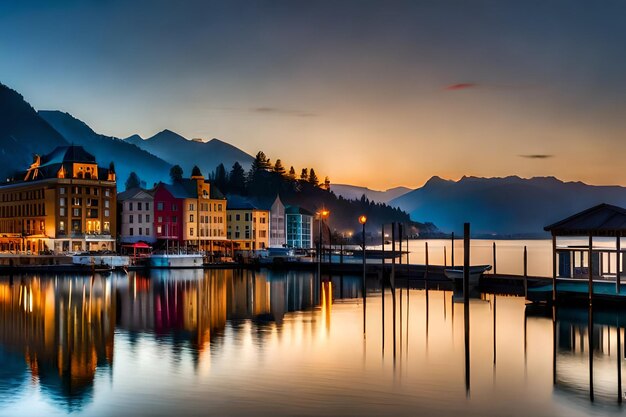 Photo a city with mountains in the background and a lake in the background.