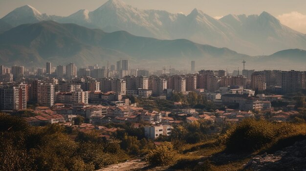 A city with mountains in the background