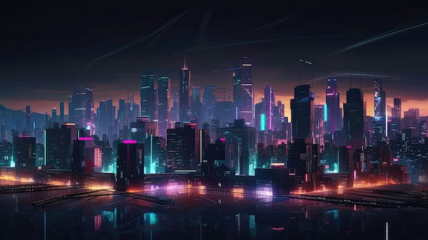 A city with a neon light and a cityscape in the background.