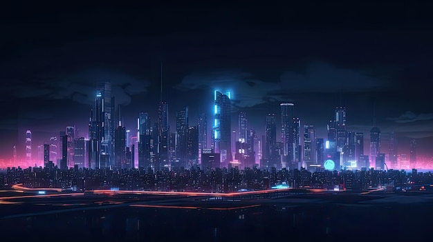 A city with a neon light and a cityscape.