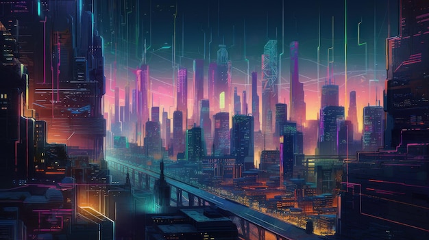 A city with a neon light and a cityscape.