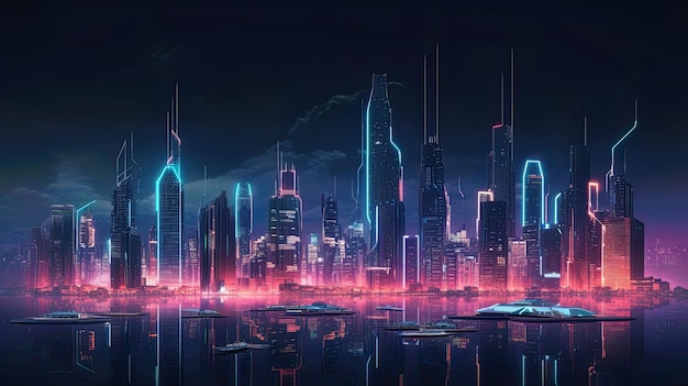 A city with neon lights and a blue city