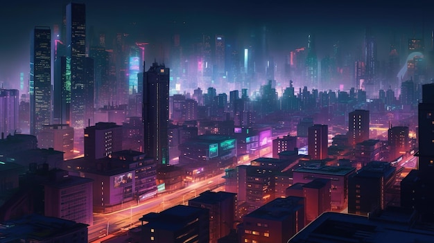 Photo a city with neon lights and a cityscape.