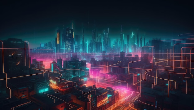A city with neon lights and a cityscape.