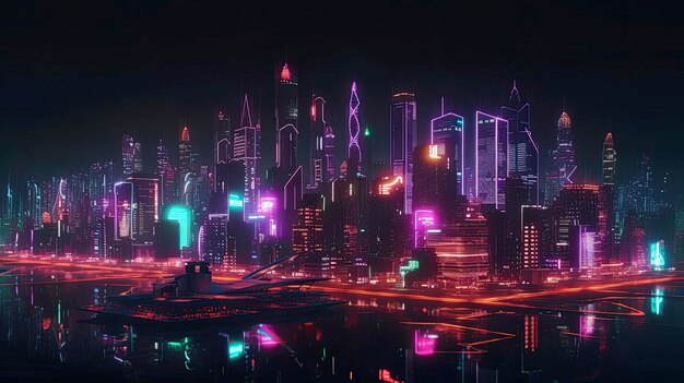 A city with neon lights and a cityscape