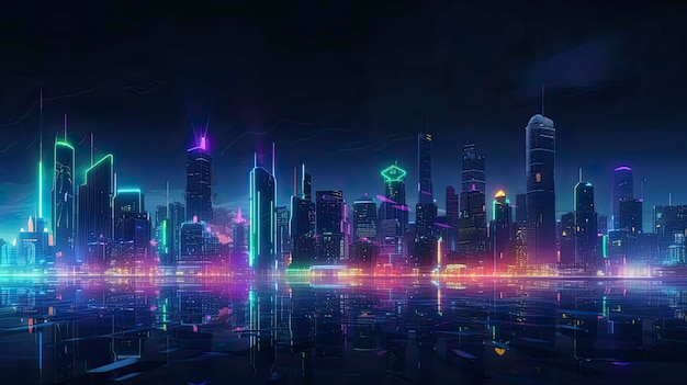 A city with neon lights and a neon sign that says'cyberpunk '