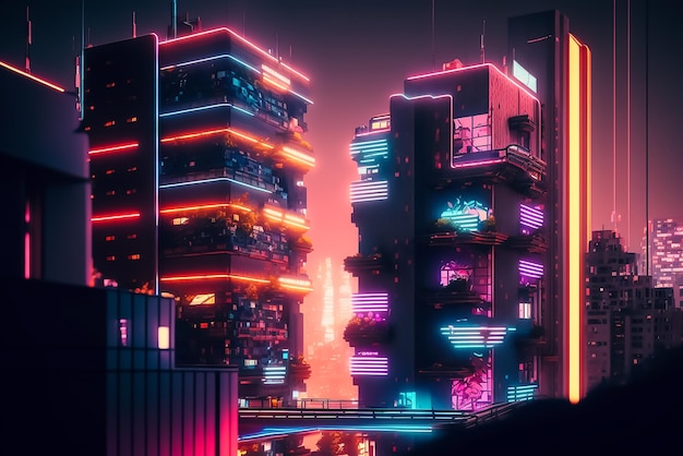 A city with neon lights and a sign that says'cyberpunk '