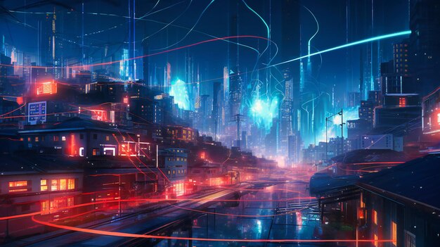 A city with neon lights and wires moving around