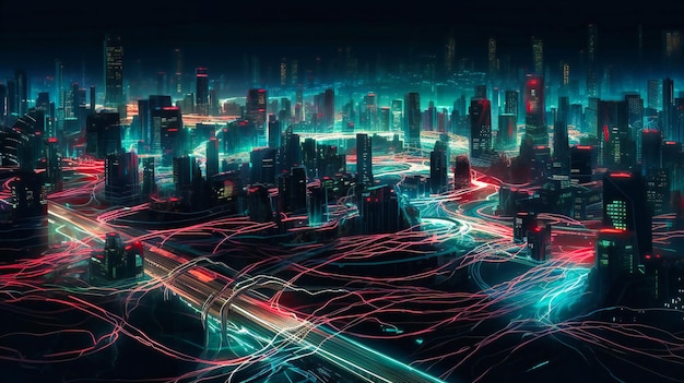 A city with neon lights and wires moving around