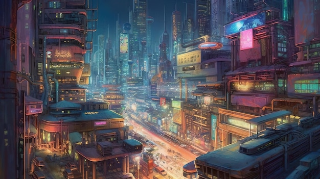 A city with a neon sign that says cyberpunk on it.