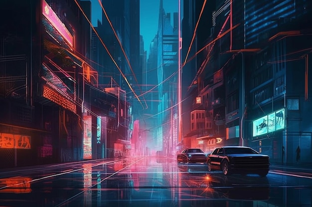 A city with a neon sign that says cyberpunk on it.