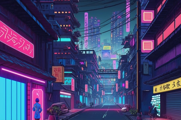 A city with a neon sign that says'cyberpunk '