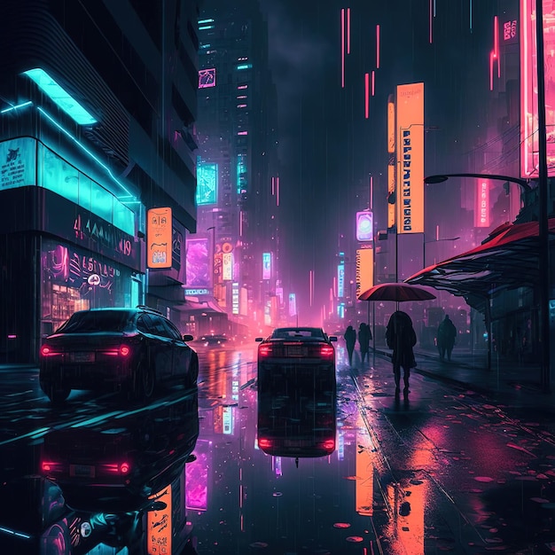 A city with neon signs and a car on the street