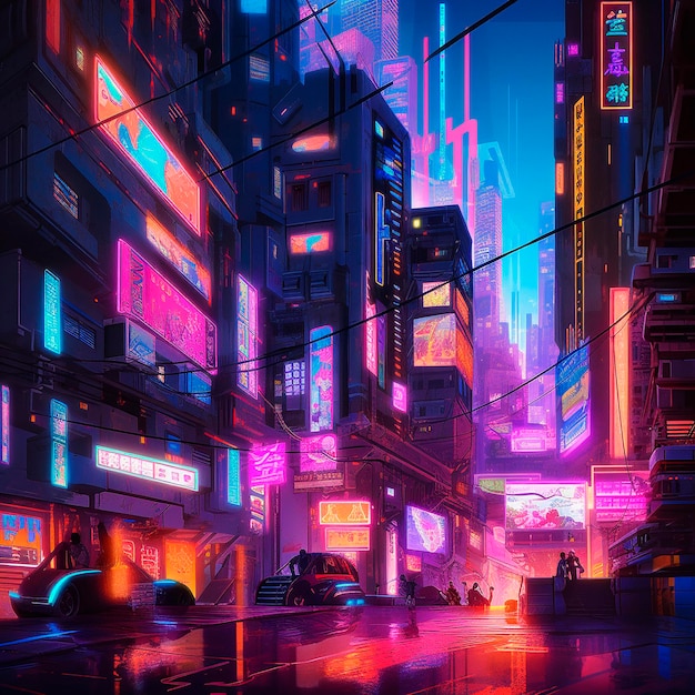 A city with neon signs that say'cyberpunk '