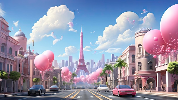 a city with a palm tree and a pink building in the background