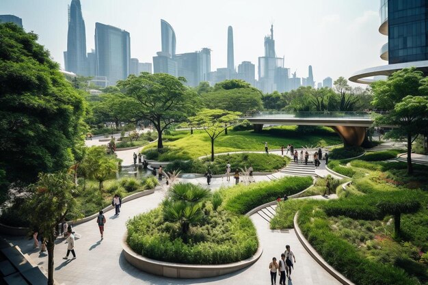 a city with a park and a bridge in the background