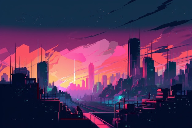 A city with a pink and purple background.