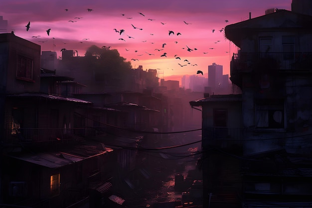 A city with a pink sky and birds flying above it