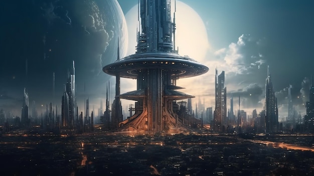 Photo a city with a planet in the background