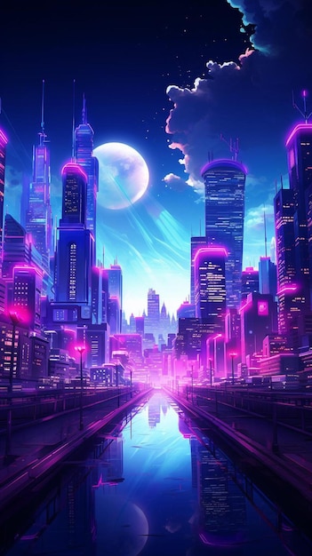 a city with a purple city in the background