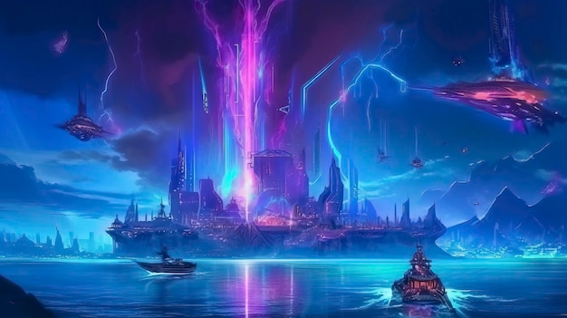 A city with a purple lightning storm in the background