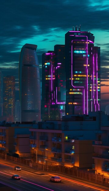 A city with a purple and pink building and the lights on it