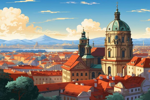 A city with a red roof and a city in the background