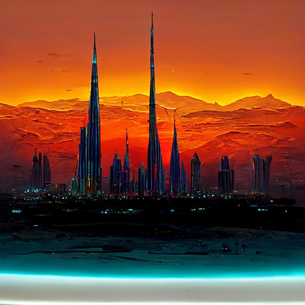 A city with a red sky and mountains in the background