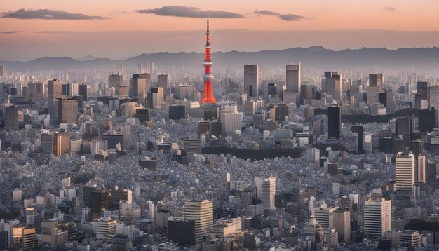 a city with a red tower in the middle of it