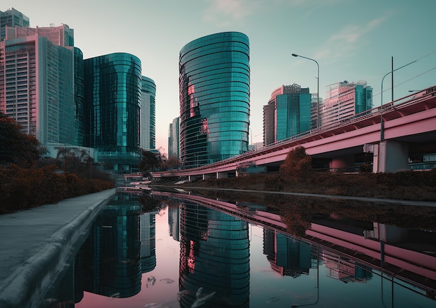 A city with a reflection of a building in the water