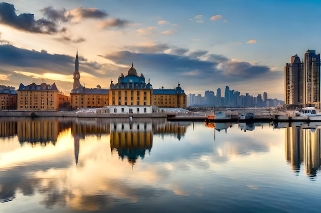 Photo a city with a reflection of a building in the water