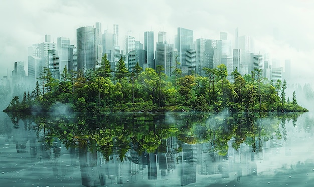 a city with a reflection of a city in the water