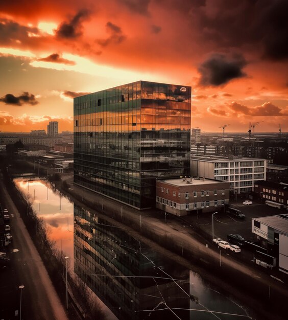 A city with a reflection of a sunset and a building with a large glass building in the foreground