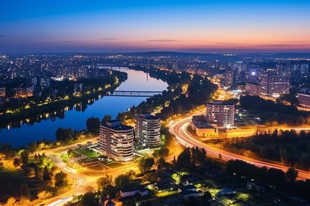 Photo a city with a river and a bridge in the background